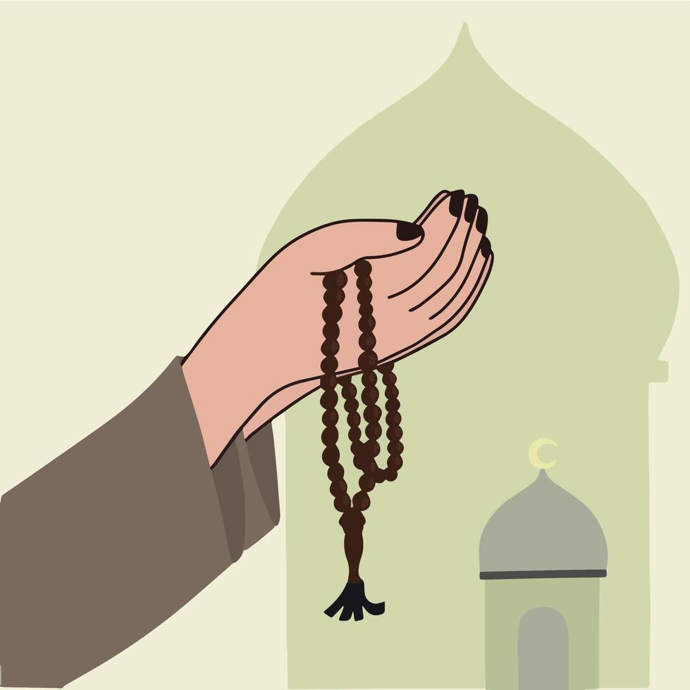 Moslem praying hands with tasbih prayer beads chaplet ramadan kareem ied fitr with mosque background aeathetic illustration vector