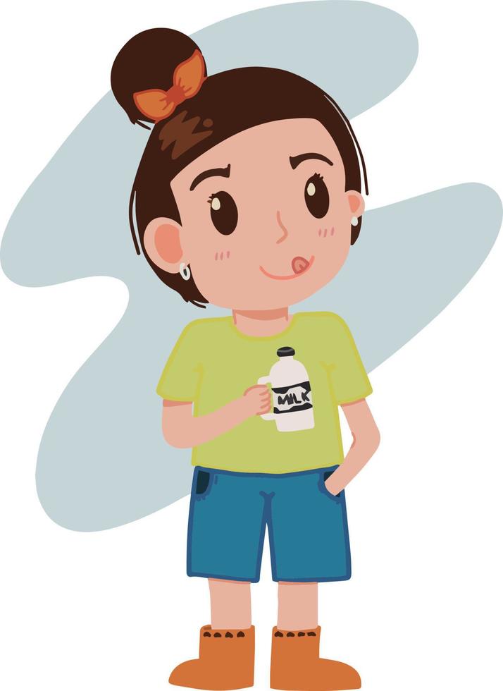 contento linda pequeño niña participación un botella de Leche Bebiendo sano Leche con sorber lengua ilustración vector