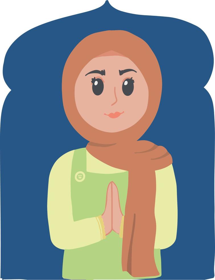 Pretty young girl with greeting pose hijab moslem ramadan kareem eid mubarak illustration vector