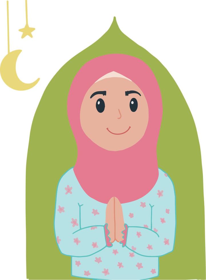Pretty young pink hijab girl with greeting pose ramadan eid mubarak illustration vector