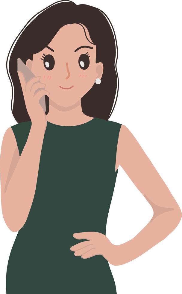 Portrait of woman long hair talking on cell phone mobile phone vector illustration