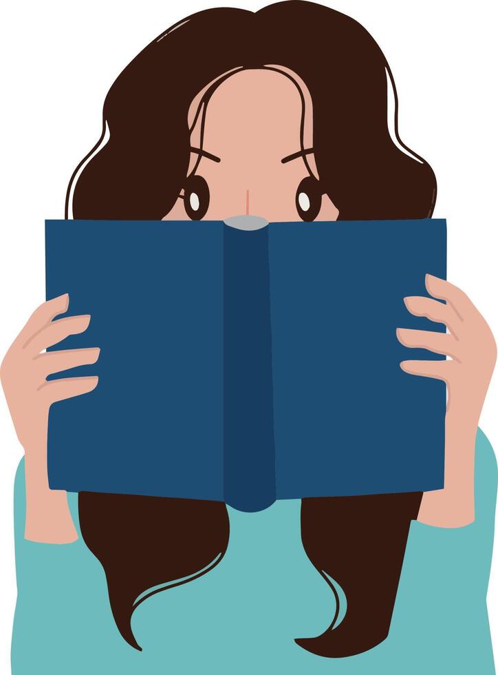 Portrait of vector woman hiding pretending reading book illustration