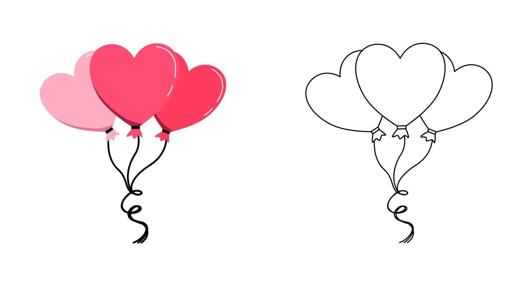 Pink bunch of Heart shaped balloons. Coloring activity worksheet for kids. vector
