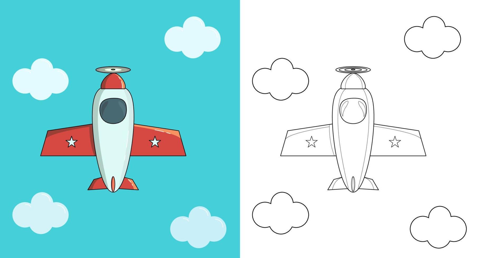 Cartoon red airplane. Coloring page and colorful clipart character. Cute design for t shirt print, icon, logo, label, patch or sticker. Vector illustration.