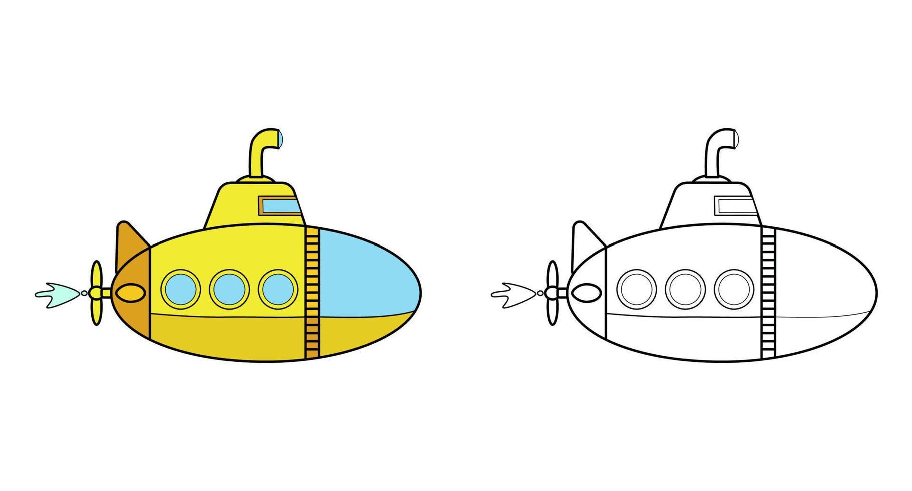 Cartoon yellow submarine ship. Coloring page and colorful clipart character.  Vector illustration.