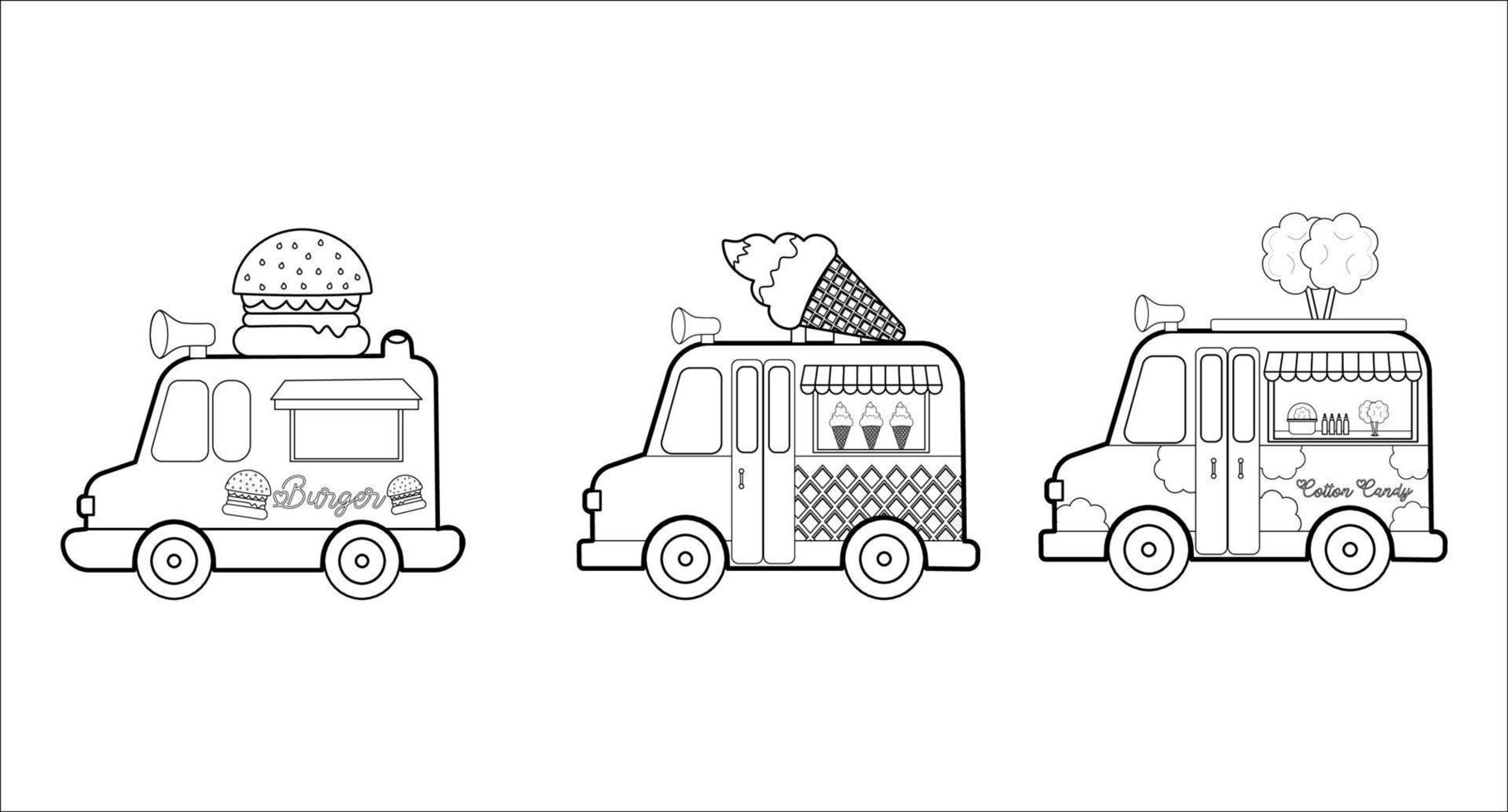 Coloring pages.  Food truck. Cartoon clipart set for kids activity colouring book. Vector illustration.