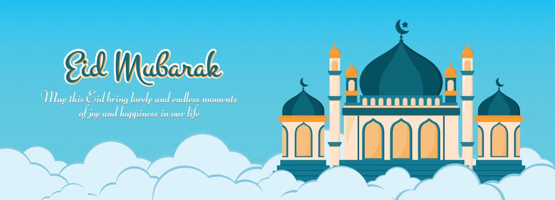 Flat decorative eid mubarak islamic banner background with mosque and islamic pattern vector