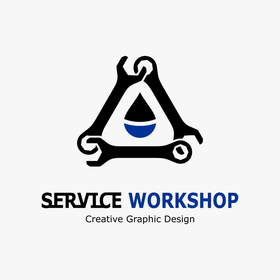 Vector illustration of advertising a repair service. Automotive and motorcycle workshop logo. wrench icon and oil icon in a triangle