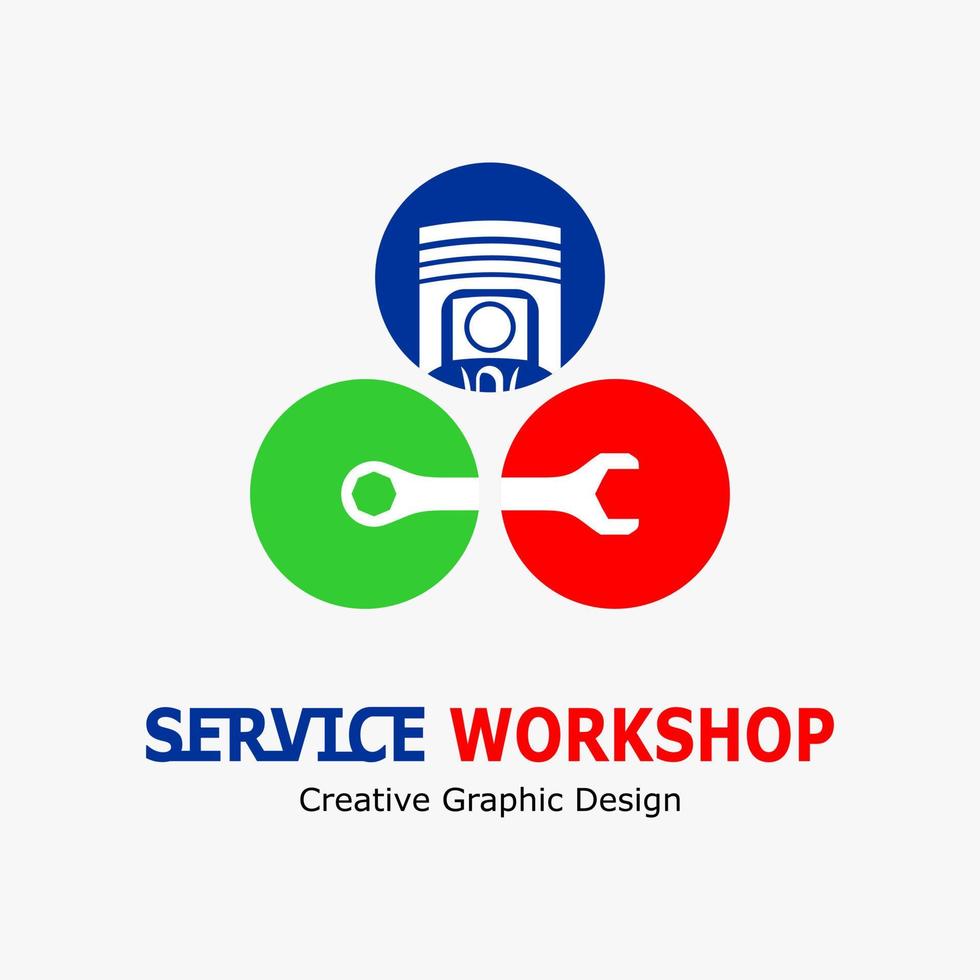 Vector illustration of advertising a repair service. Automotive and motorcycle workshop logo. wrench and piston icon in triangle point