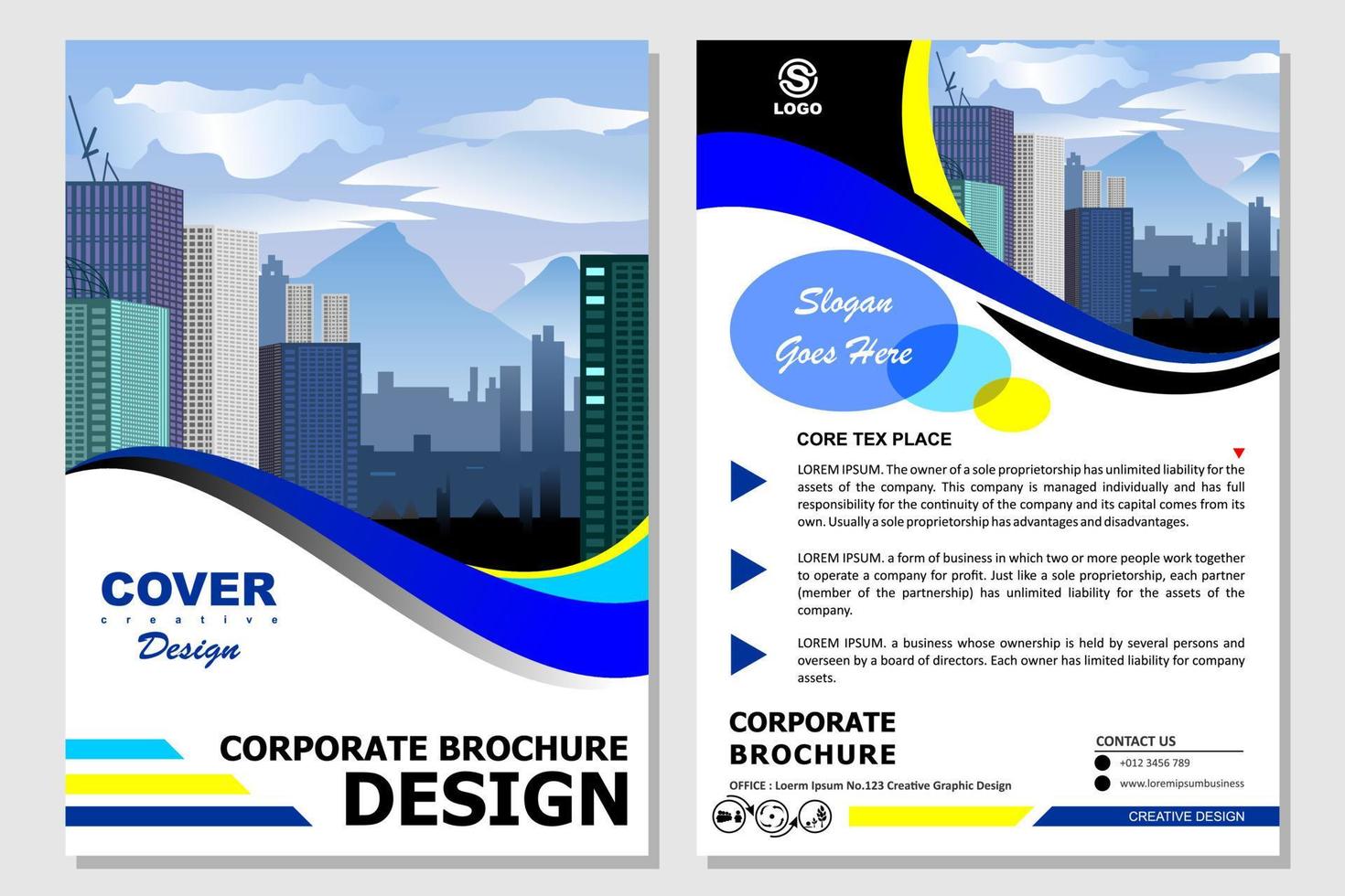 brochure templates, flyers, brochures, posters, cover designs, layout spaces for photo backgrounds, vector illustration templates in A4 size. blue yellow color brochure with wave pattern