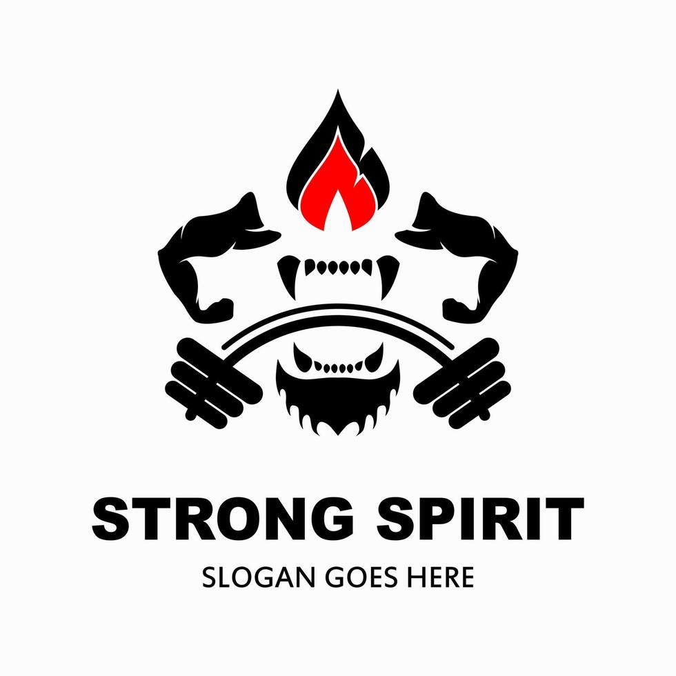 Fitness vector logo design template, vector design for gym and fitness. fire icon, muscular hands, barbell and tiger bite. strong spirit illustration