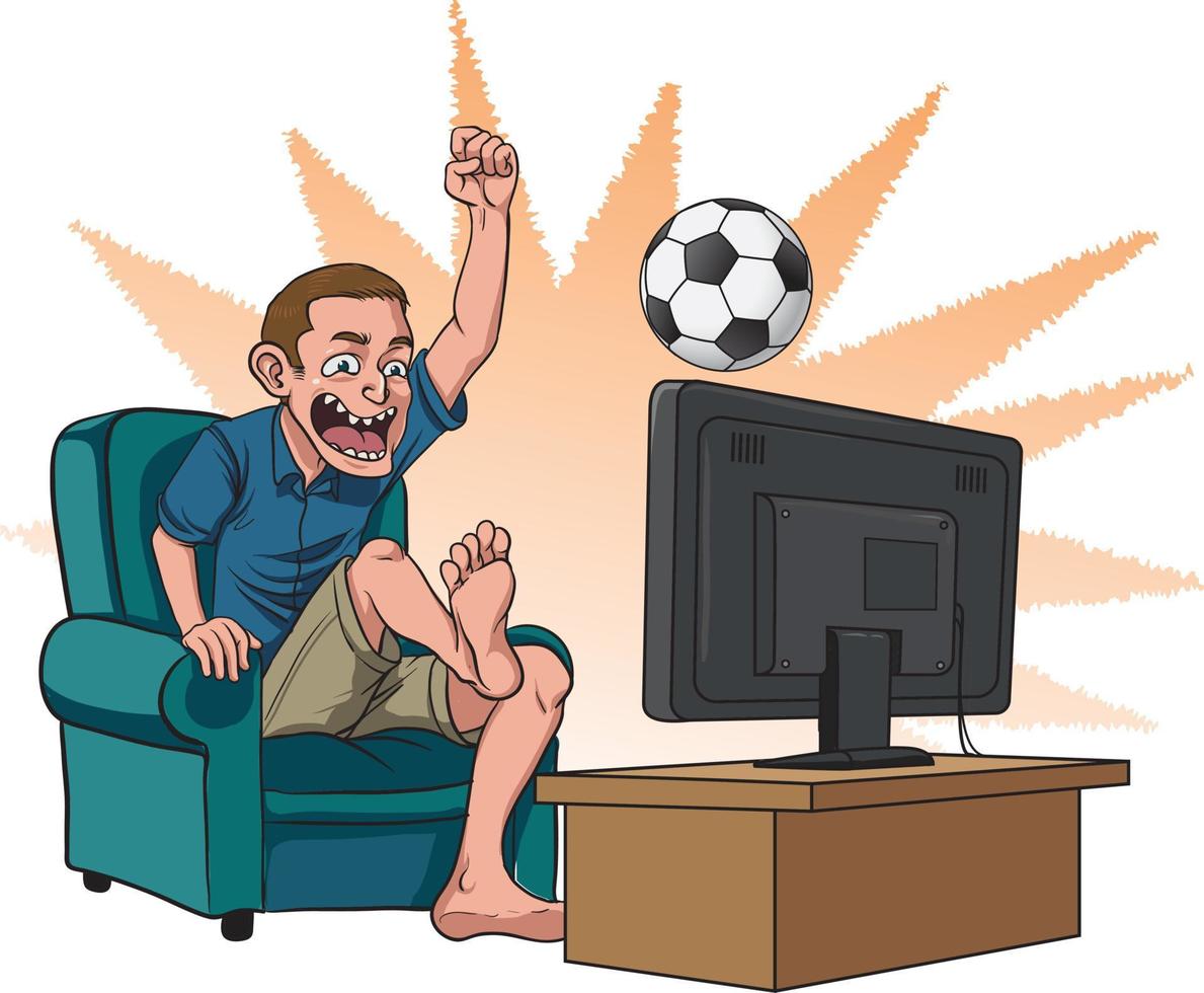 crazy fan watching football match on television vector