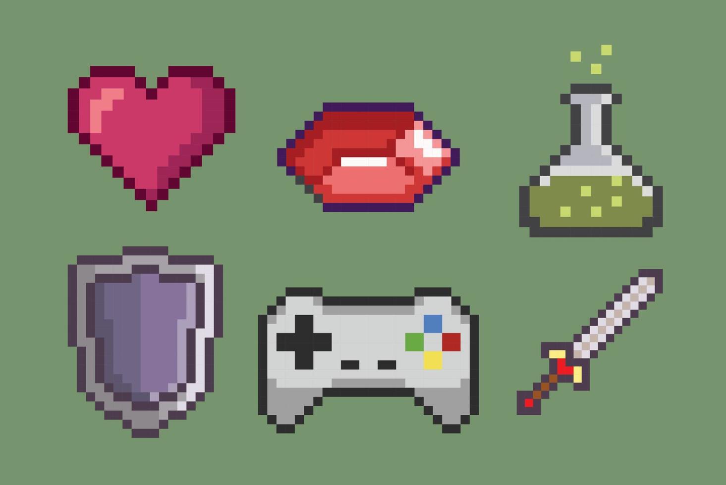 set of gaming stuff in pixel art vector