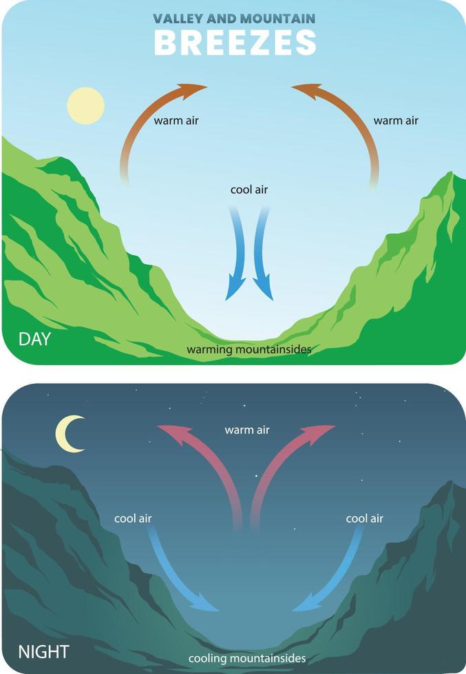 comparison between daytime and night time of mountain and valley breezes vector