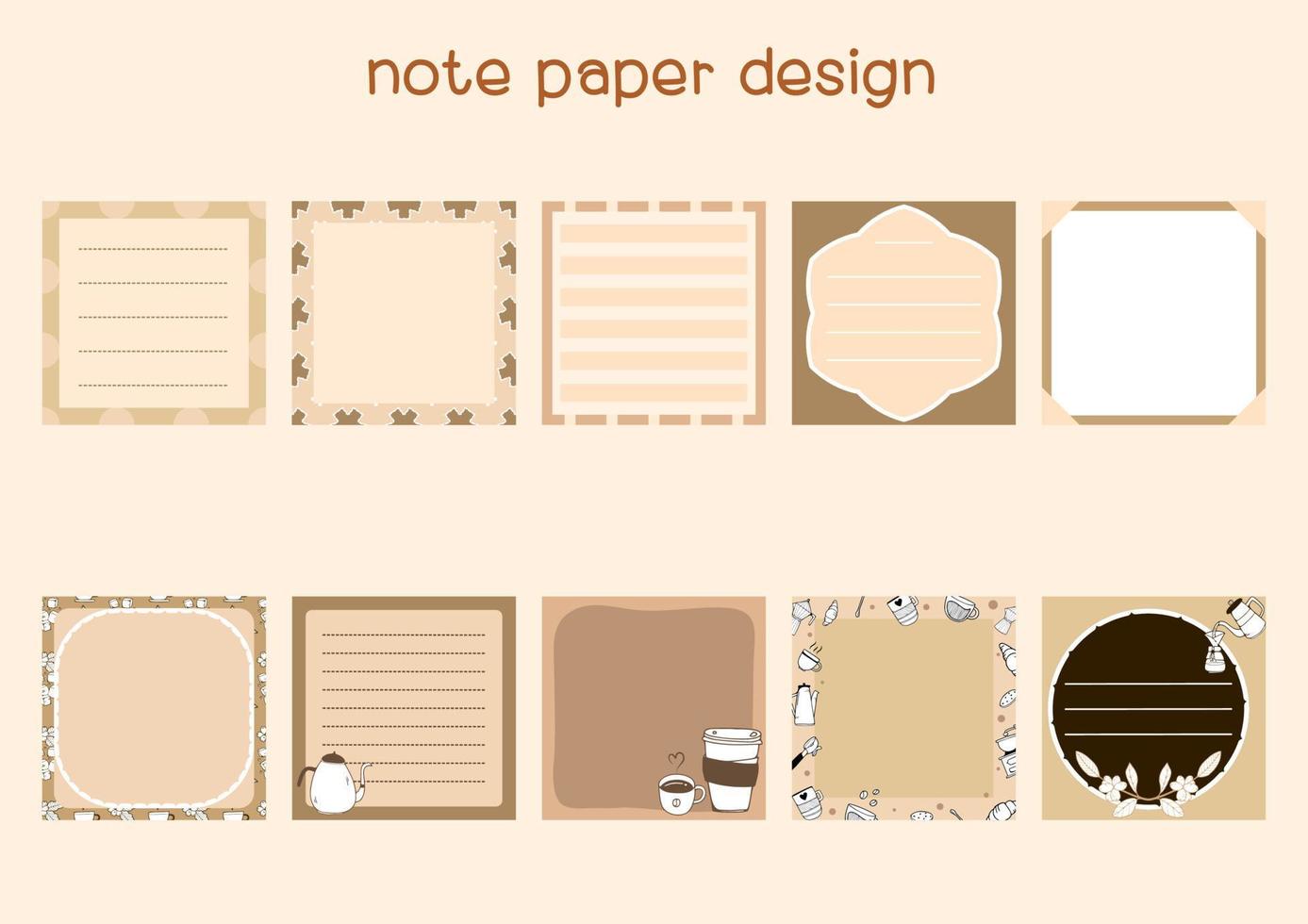 Set of note paper design in brown color tone and coffee pattern vector