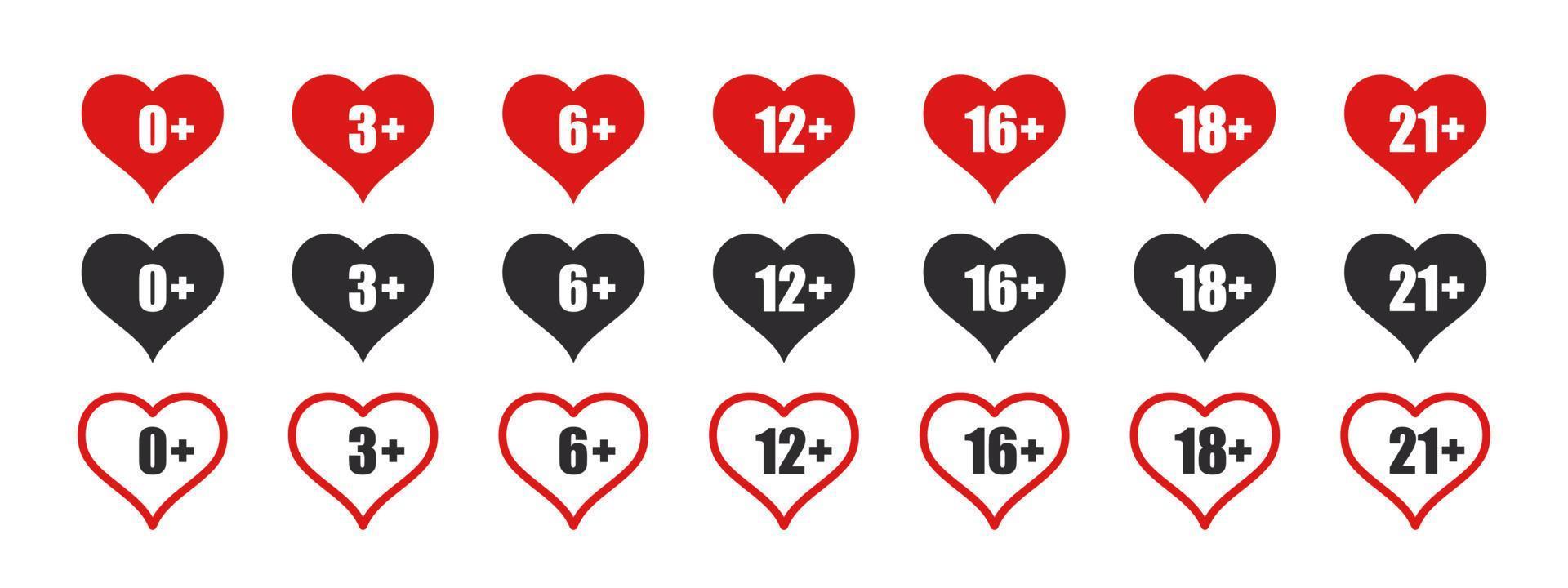 Age limit icons set. Age limit icons in the form of hearts. Recommended age limit. Vector images