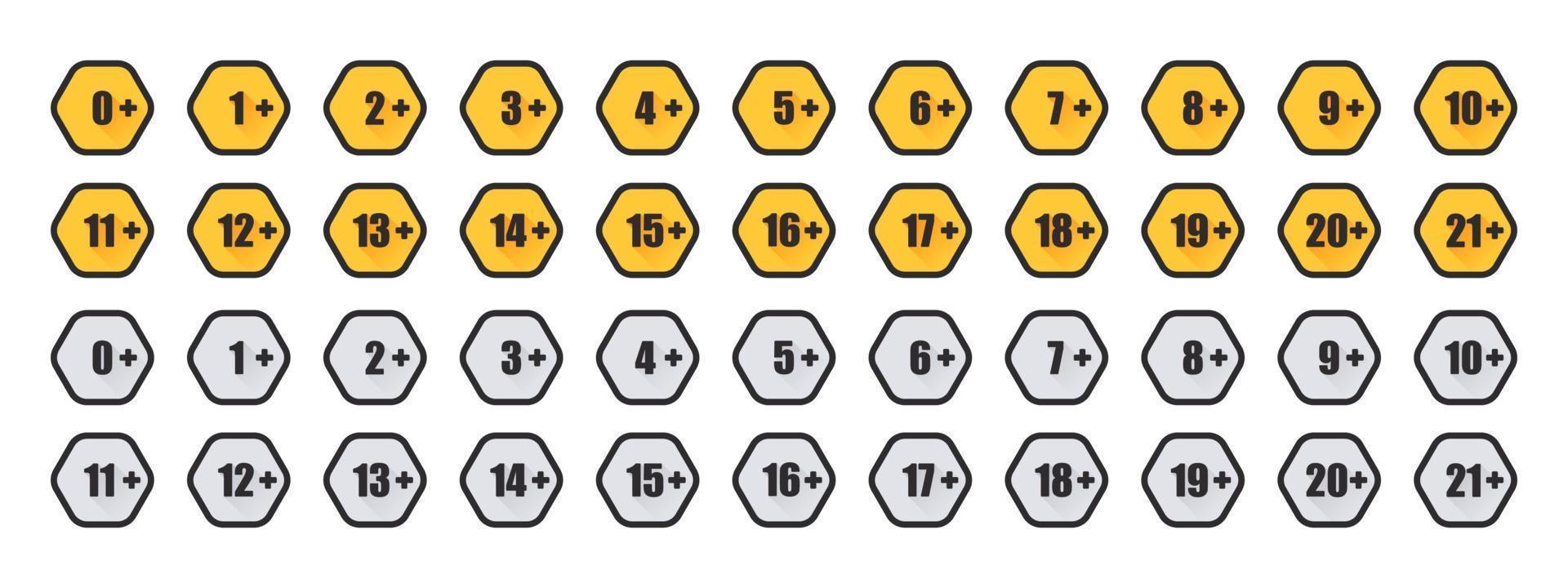 Age limit icons set. Yellow and gray age restriction badges. Recommended age limit. Vector images