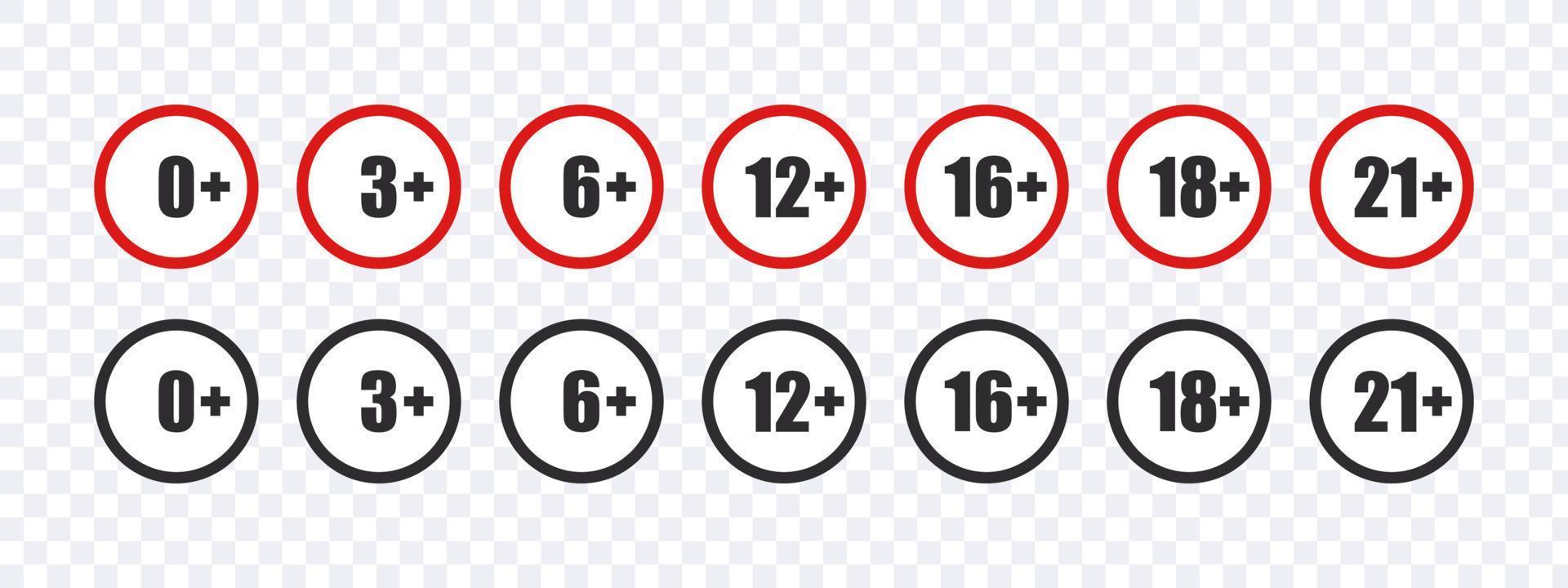 Age limit icons set. Round age restriction badges. Recommended age limit. Vector illustration