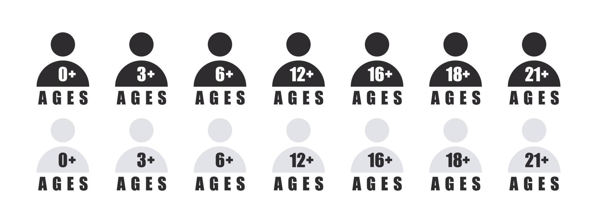 Age requirement icons. Age restriction of users. Recommended age limit. Age restrictions signs. Vector images