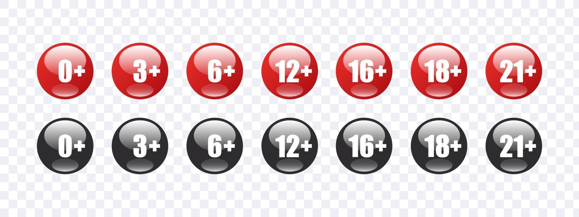 Age requirement icons. Age bar icons. Recommended age limit. Age restrictions signs. Vector images