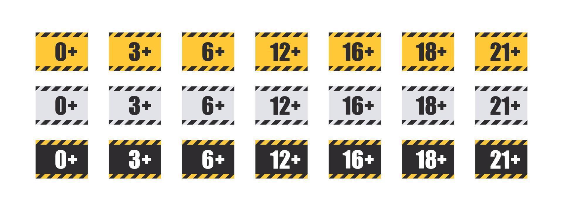 Age requirement icons set. Age restriction badges. Recommended age limit. Age restrictions signs. Vector images