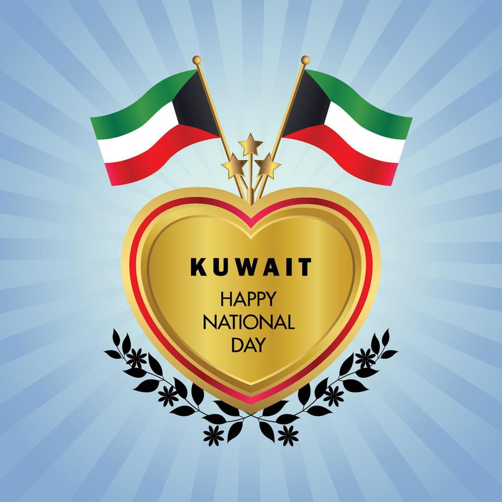 Kuwait bandera independencia día con oro corazón vector