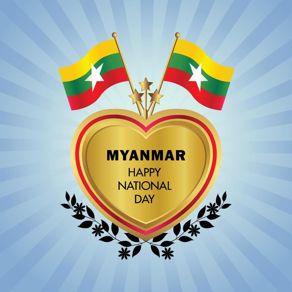 myanmar bandera independencia día con oro corazón vector