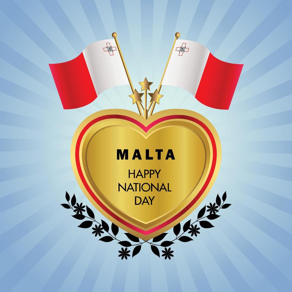 Malta bandera independencia día con oro corazón vector