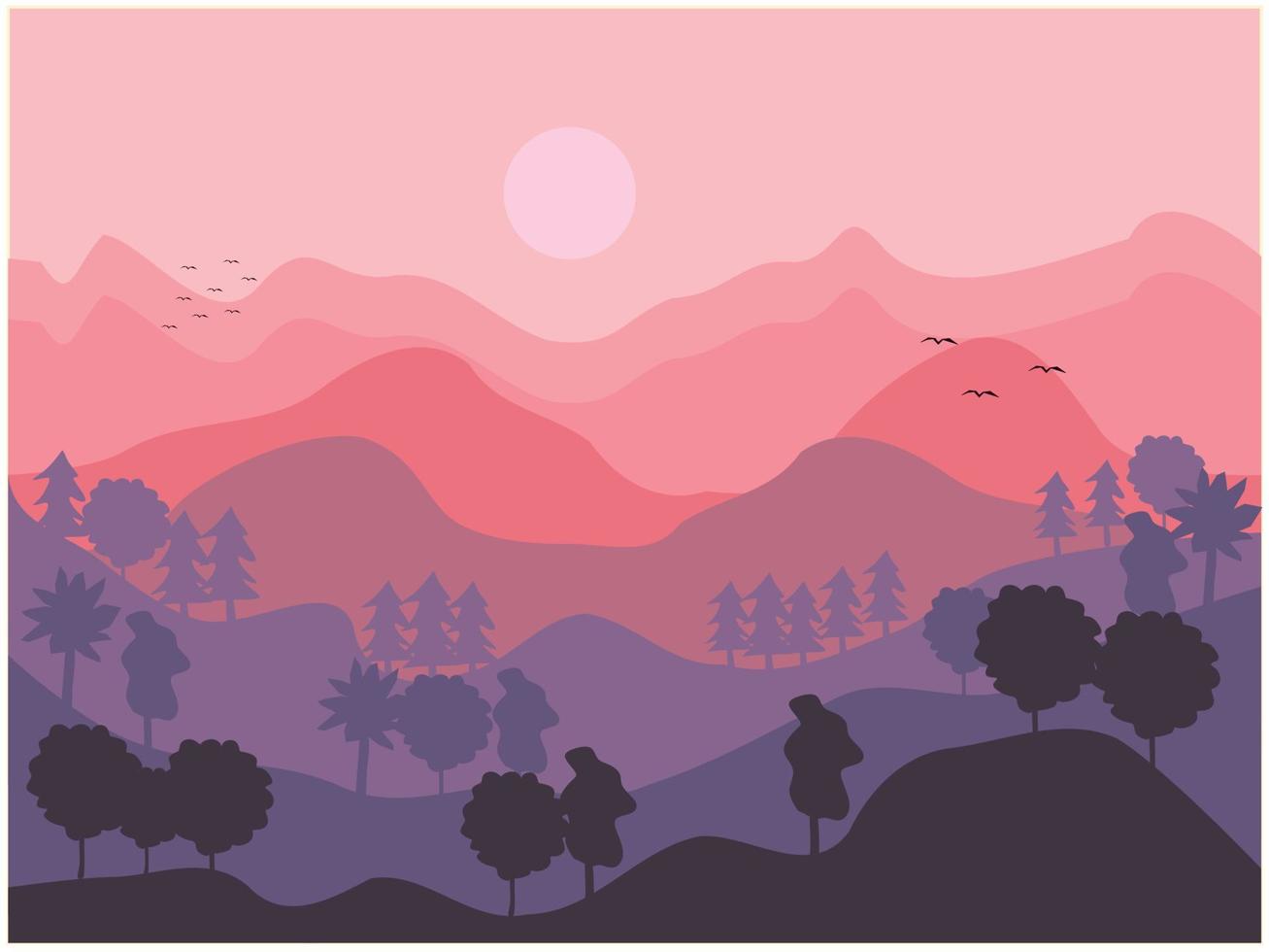 un vistoso ilustración de un montaña paisaje con un puesta de sol y un silueta de un arboles vector