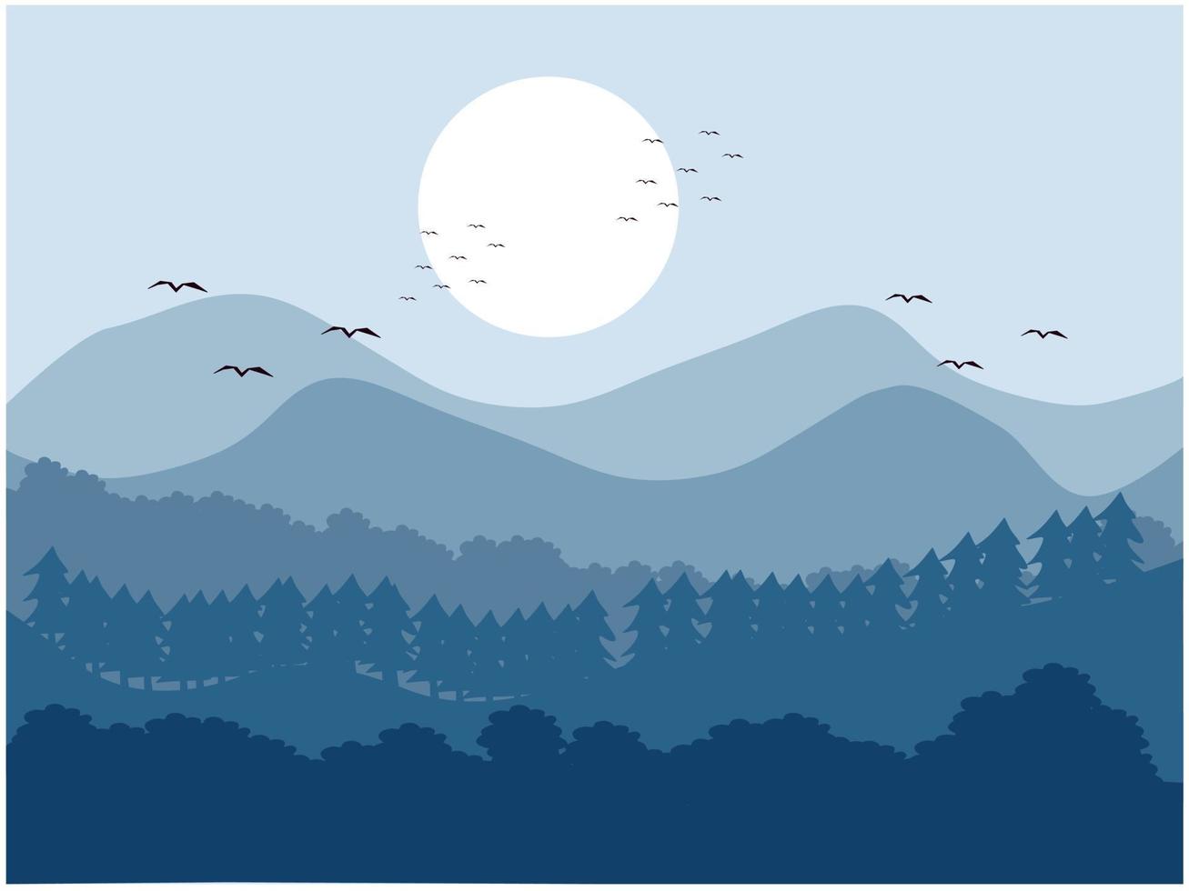 A blue mountain landscape with a full moon and a flock of birds flying around vector