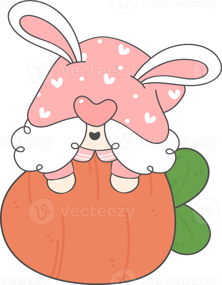 cute adorable happy smile gnome on Easter egg, spring easter with rabbit ears, cartoon hand drawing doodle png