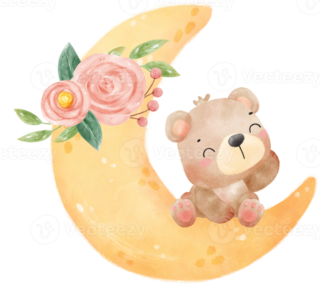 cute adorable innocence baby brown bear on floral crescent moon nursery  watercolour illustration png