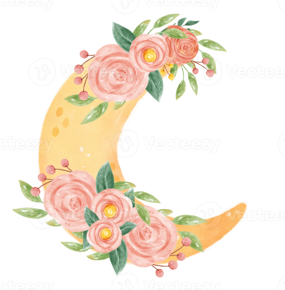 watercolour romantic sweet spring floral decoration on crescent the moon phase whimsical hand drawn illustration png