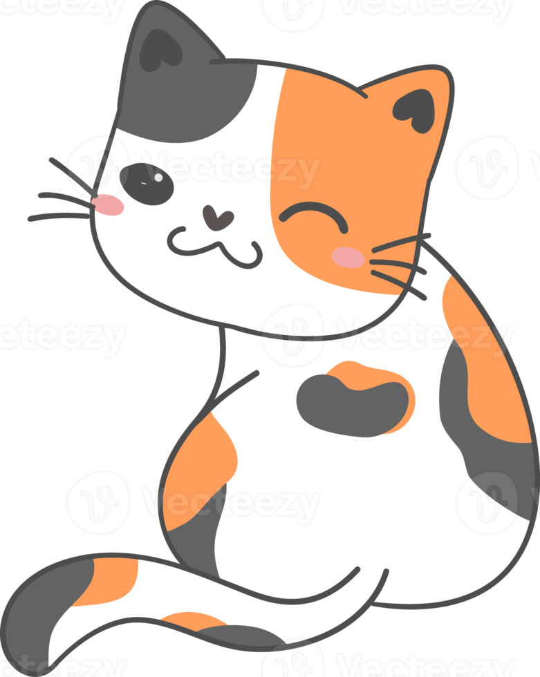 cute happy smile face playful kitten cat calico tri color cartoon doodle hand drawn outline png