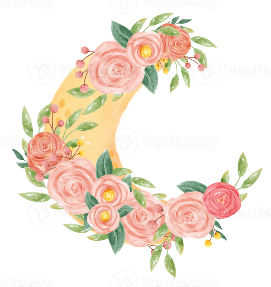 watercolour romantic sweet spring floral decoration on crescent the moon phase whimsical hand drawn illustration png