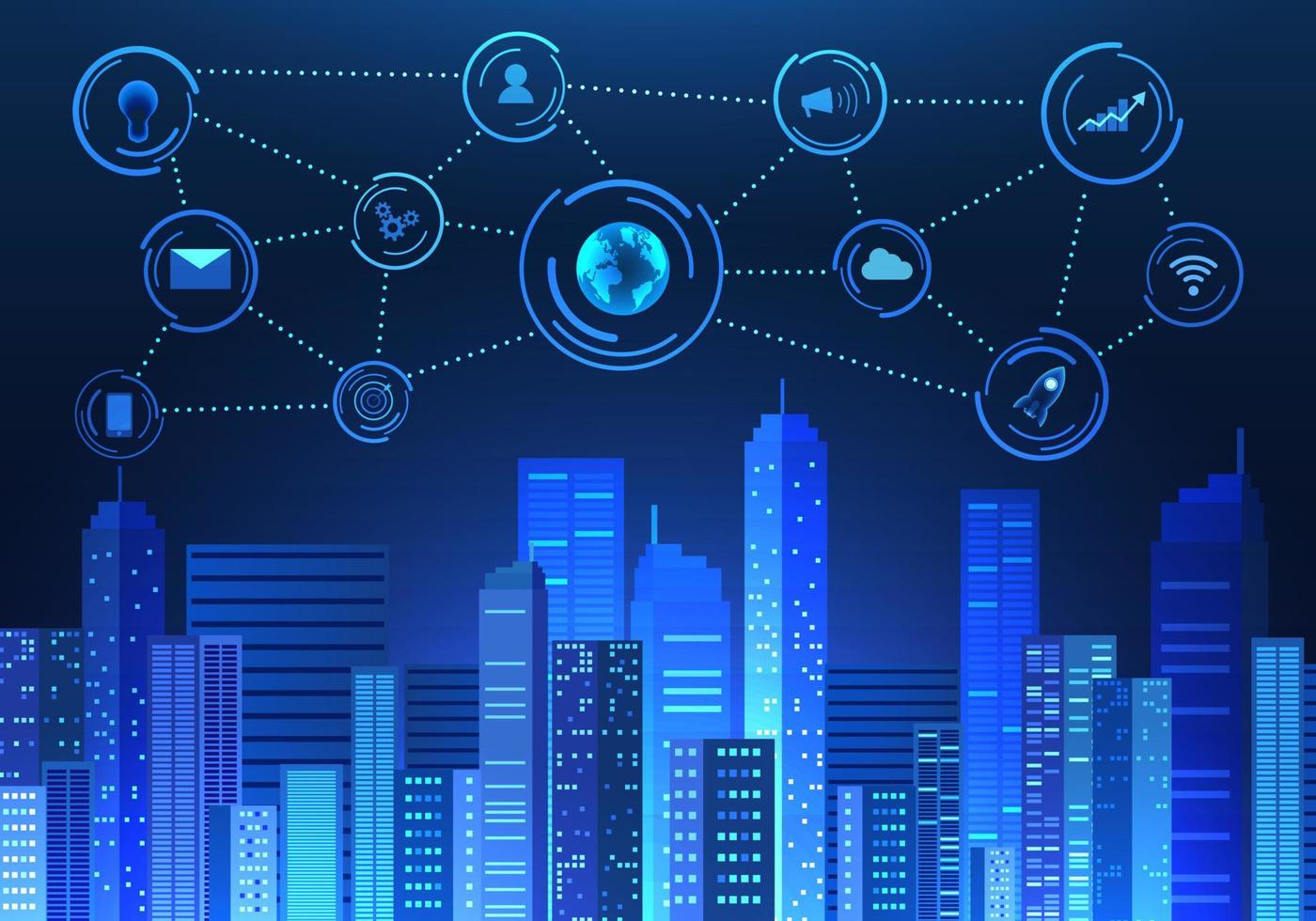 Large smart city using internet technology. The artificial intelligence system that helps in various matters increases convenience and makes business in the city grow more. vector