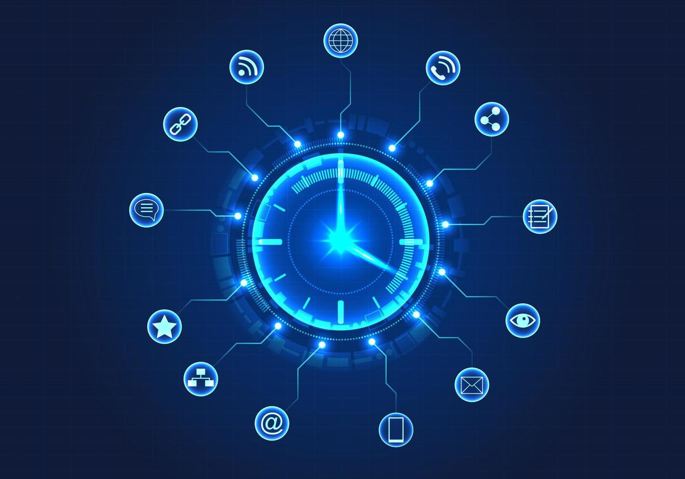 Watch is surrounded by a circle of technology and has smart technology to help. Like the concept of time allocation within the organization to work on goals when customers want. vector