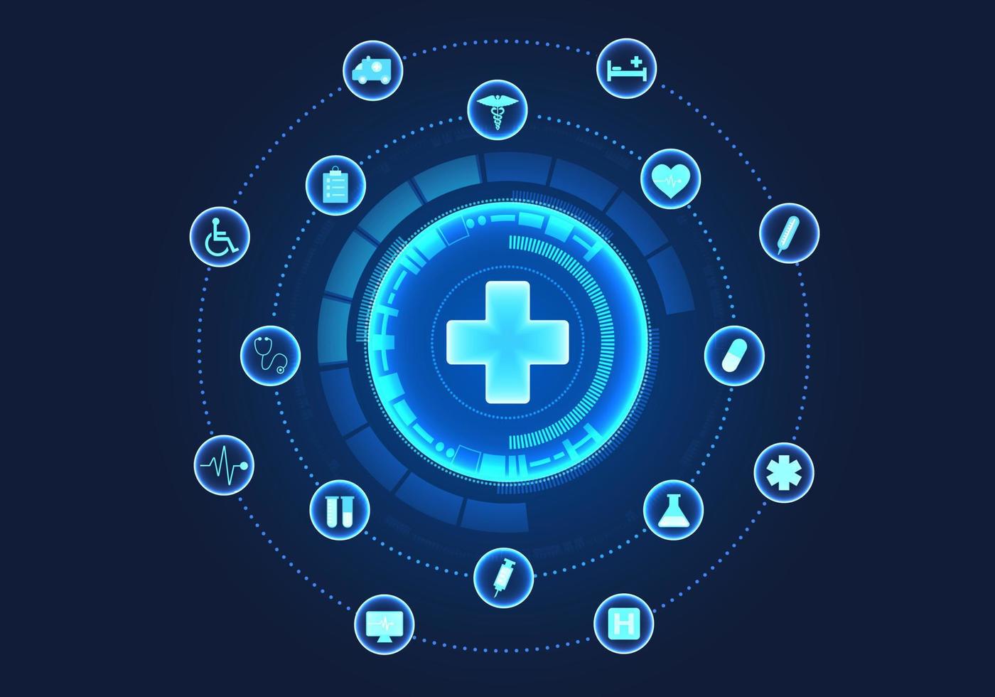 Medical technology circle There is a doctor's symbol in the center and a circle with payment innovations around it. Modern medicine provides patients with faster access to treatment behind the grid. vector