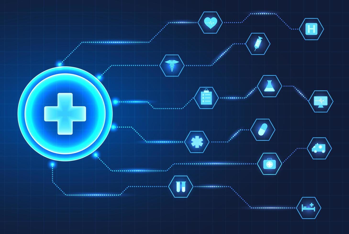 Medical technology circle There is a doctor's symbol in the center and a circle with payment innovations around it. Modern medicine provides patients with faster access to treatment behind the grid. vector