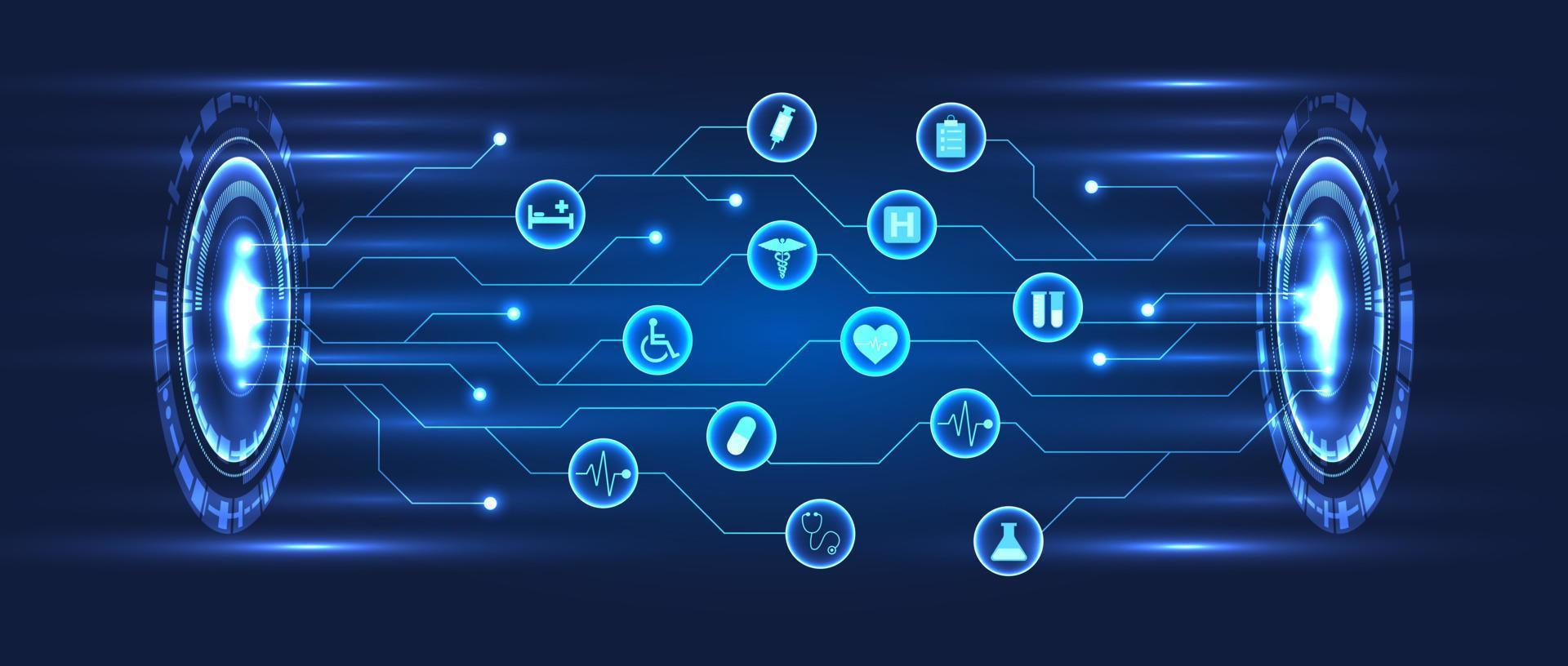 2 sides of the technology circle with a circuit board medical innovation and modern medicine that allows patients to access treatment more quickly vector