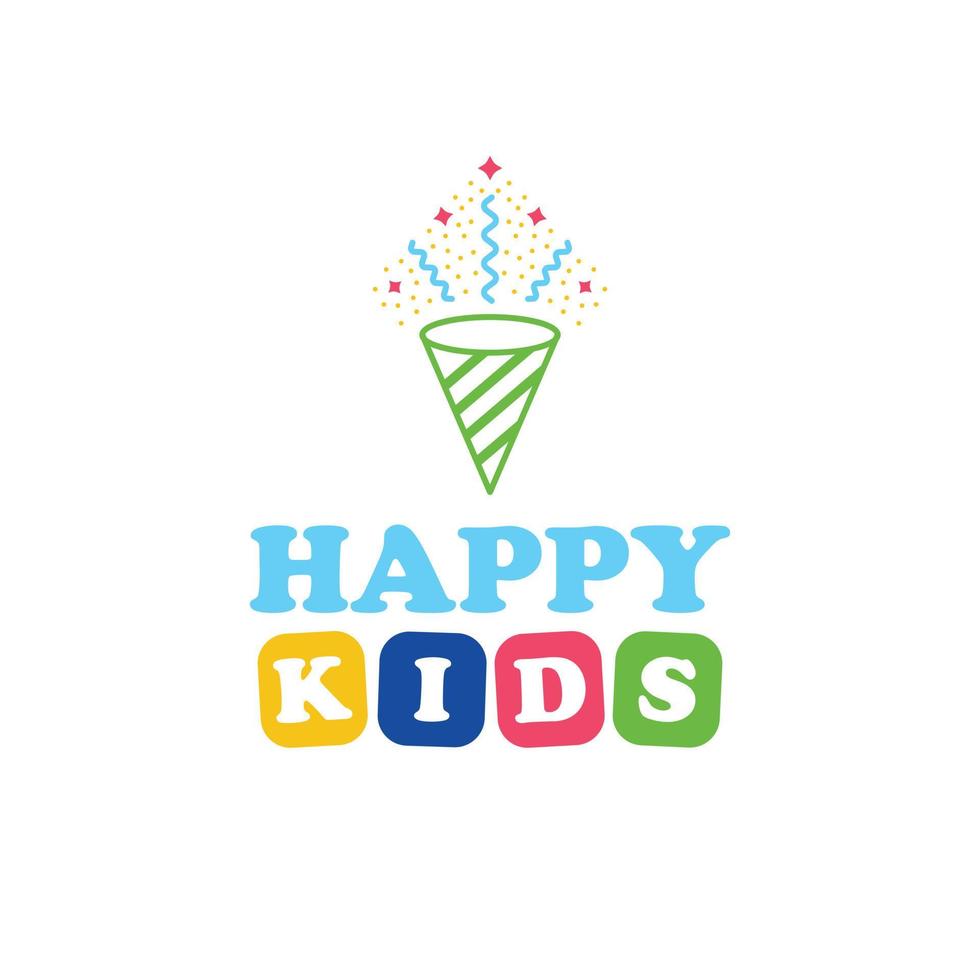 Happy kids logo design. Colorful logo with confetti logotype. Fun cartoon logo template. vector