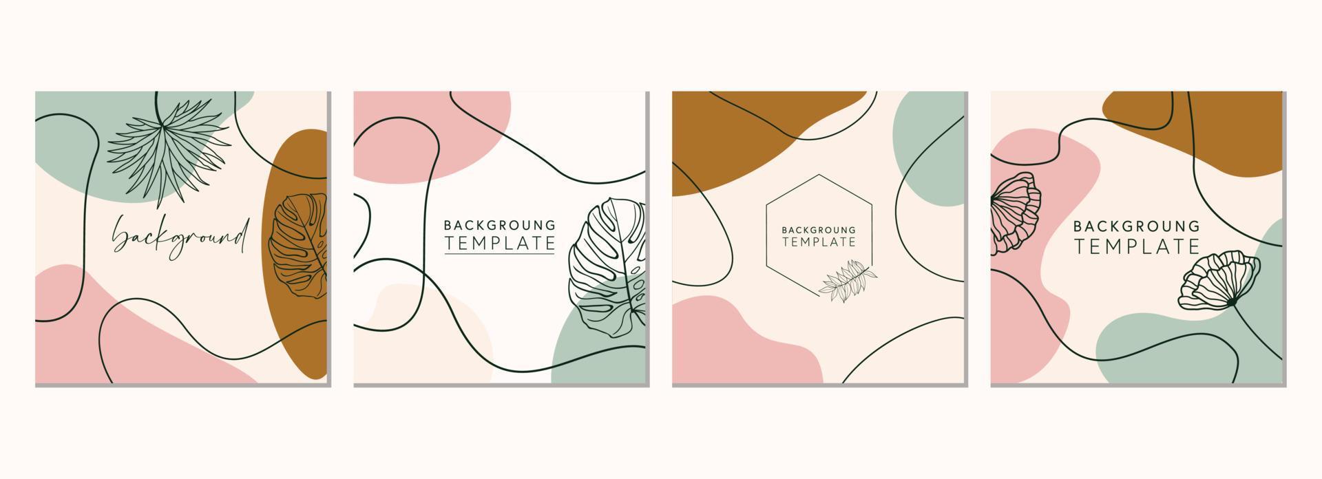Abstract set of square templates with tropical leaves and geometric shapes. Good for social media posts, mobile apps, banner designs and online promotions. Tropical vector background collection.