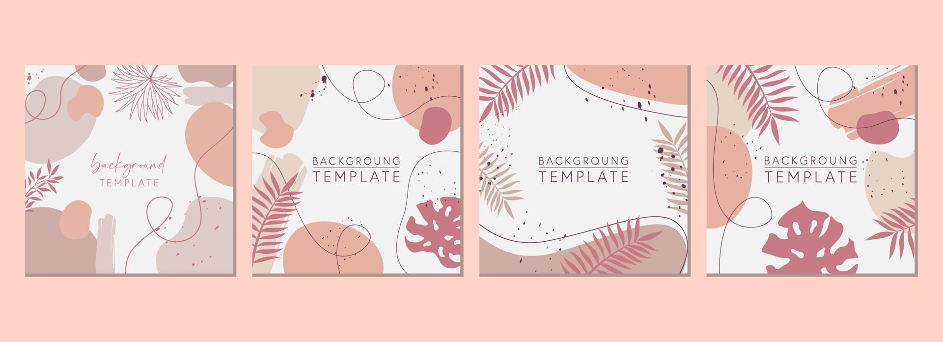 Abstract set of square templates with tropical leaves and geometric shapes. Good for social media posts, mobile apps, banner designs and online promotions. Tropical vector background collection.