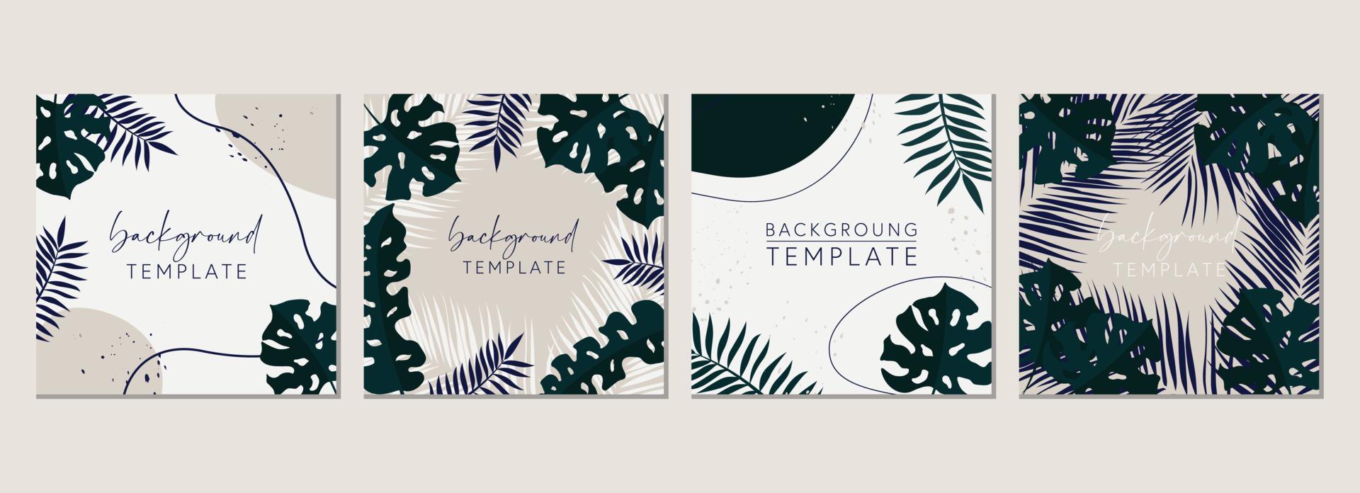Abstract set of square templates with tropical leaves and geometric shapes. Good for social media posts, mobile apps, banner designs and online promotions. Tropical vector background collection.