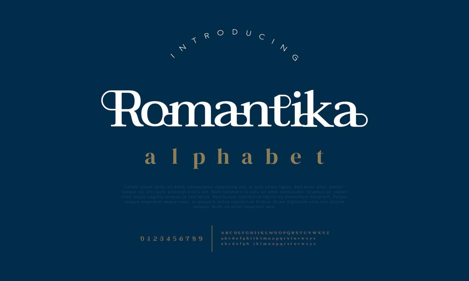 Romantika fashion font alphabet. Minimal modern urban fonts for logo, brand etc. Typography typeface uppercase lowercase and number. vector illustration