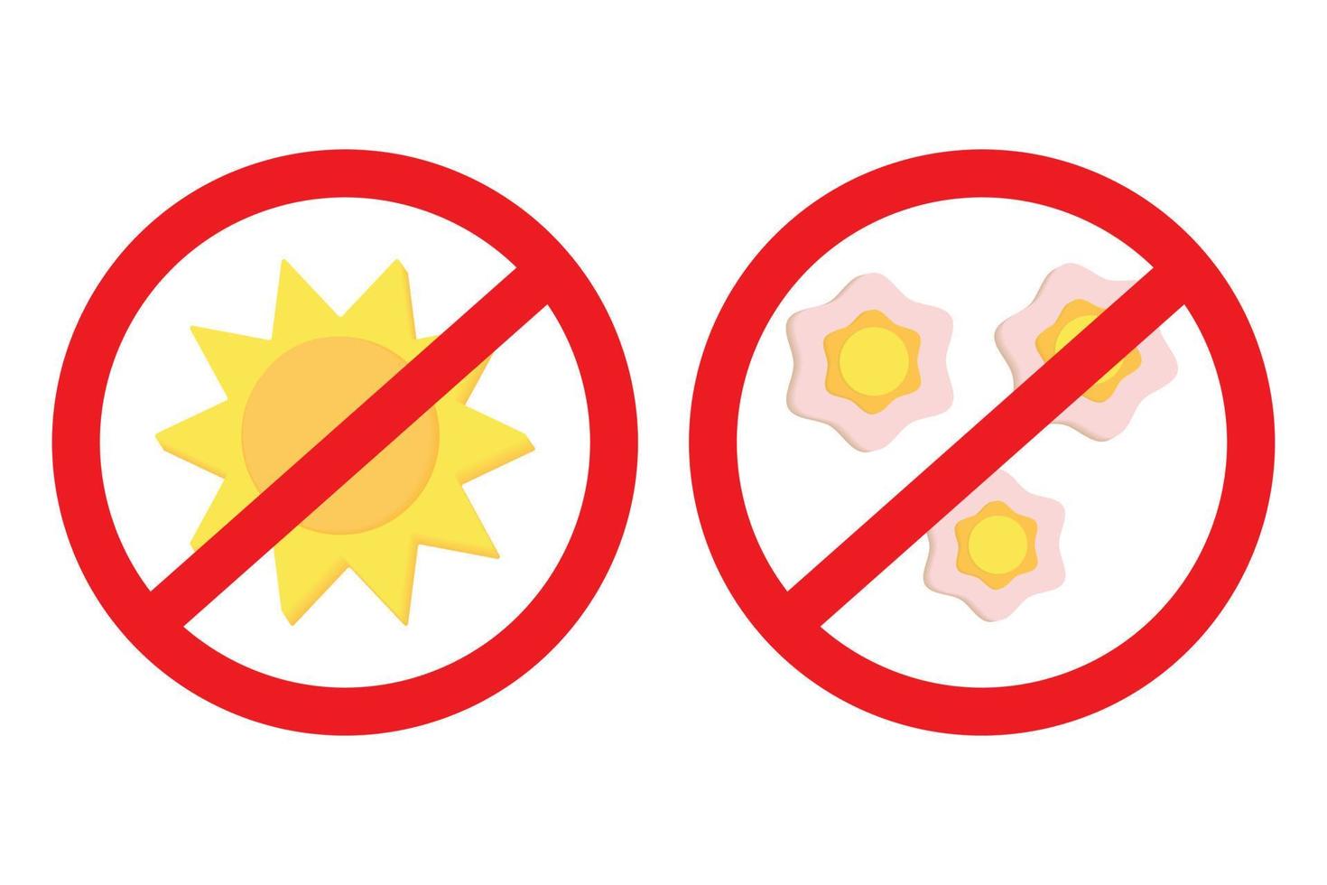 A set of sun and three flowers in the 3D style under the sign of a ban. Sticker. Icon. Isolate. EPS vector