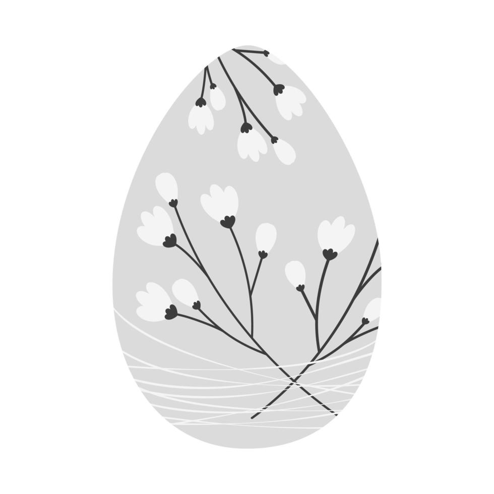 Pascua de Resurrección huevo con un modelo de Cereza ramas enredado en Delgado hilos en en escala de grises contento Pascua de Resurrección. vector