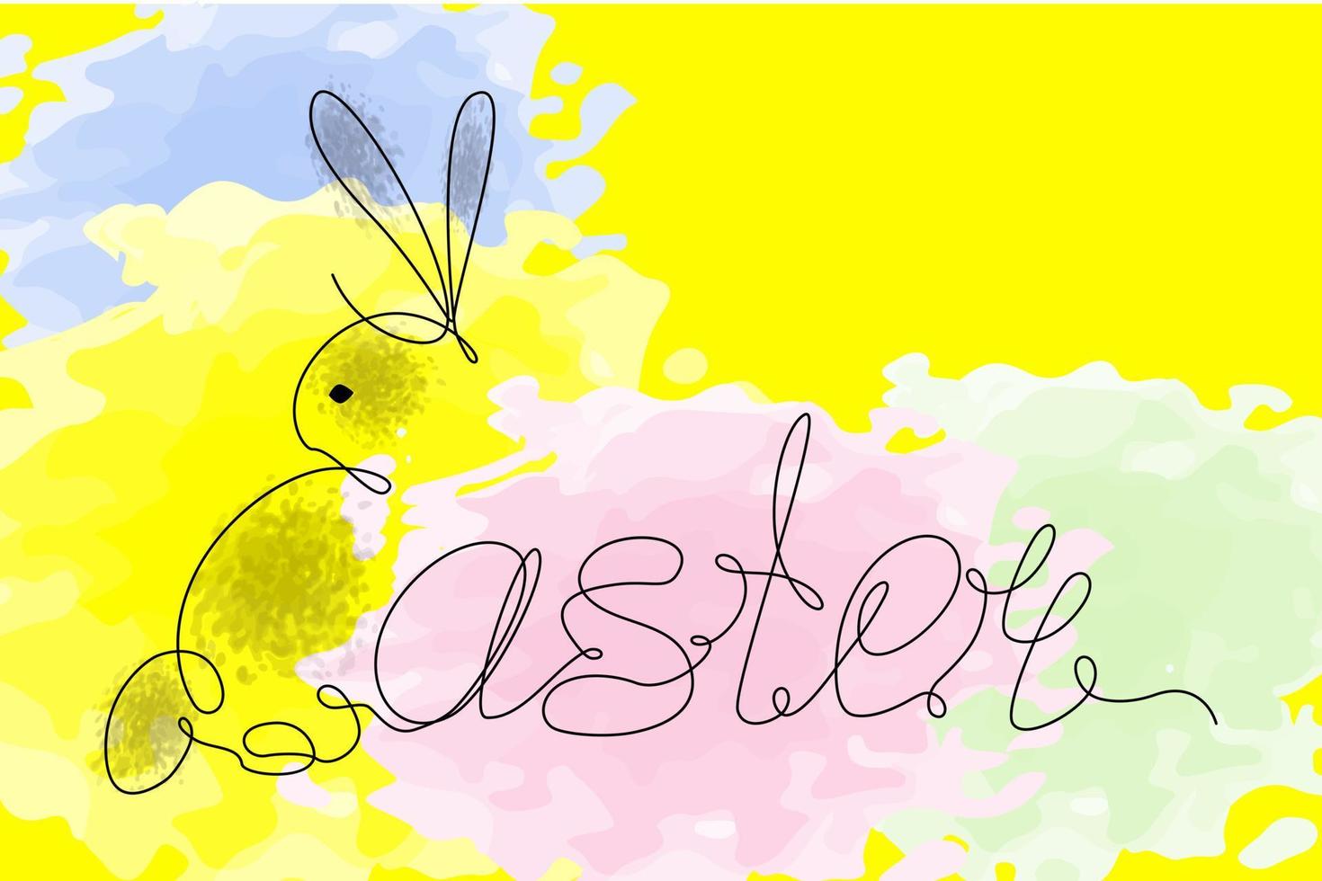 Easter lettering and Easter bunny in one continuous line on a bright watercolor background. Line art vector