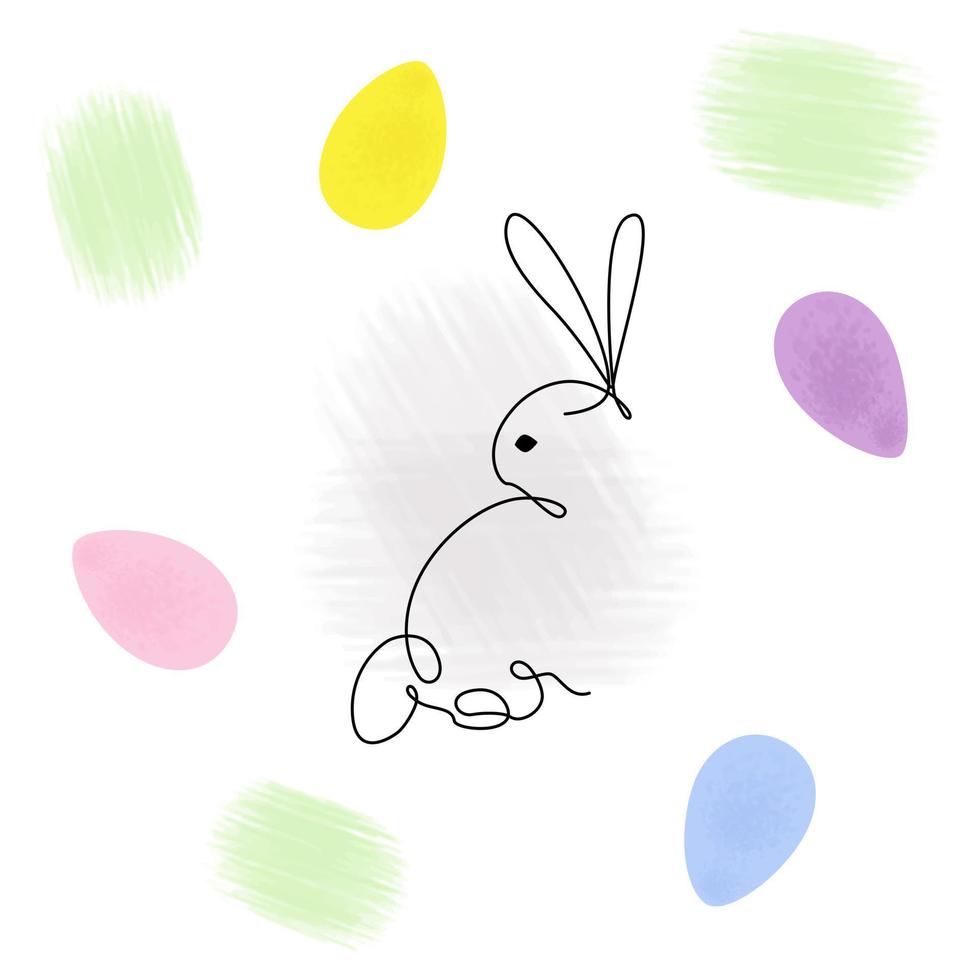 Easter bunny in one continuous line on a background with eggs and freehand shading. Happy Ester. EPS vector