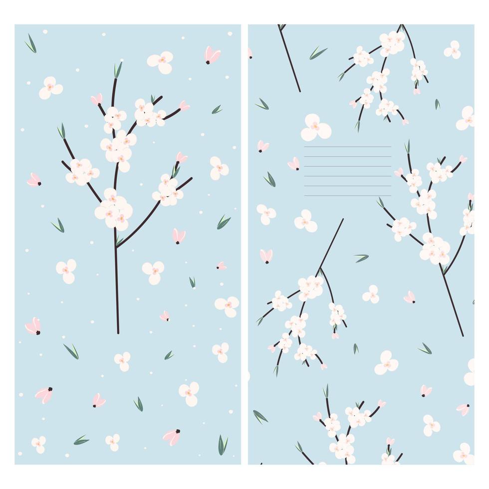 Spring design of the outer and inner side of the greeting card with blossoming cherry tree branch vector